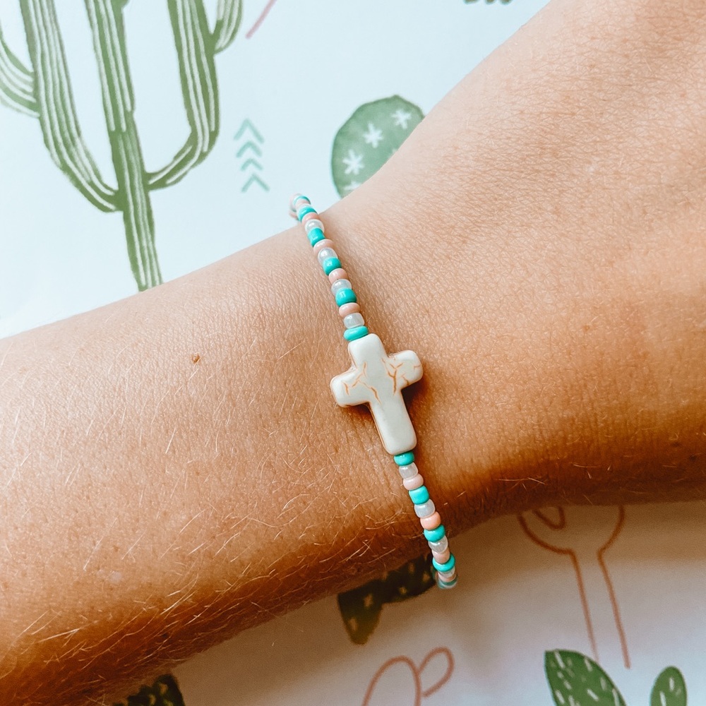Stone Cross with turquoise, pink, white bracelet